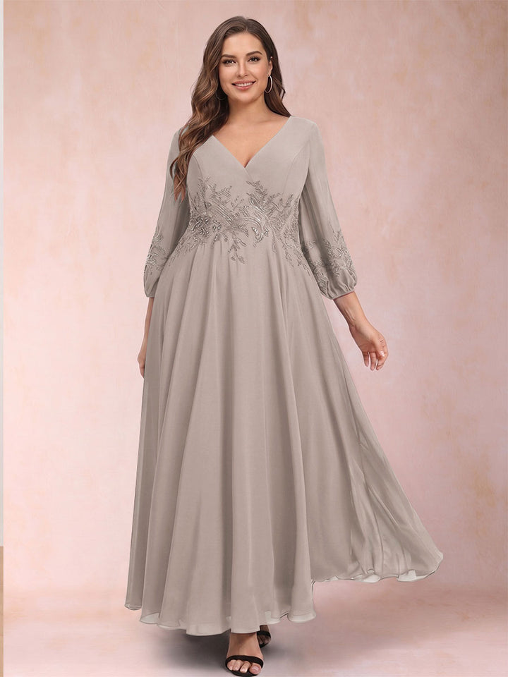 A-Line/Princess Ankle-Length 3/4 Sleeves V-Neck Plus Size Mother of the Bride Dresses