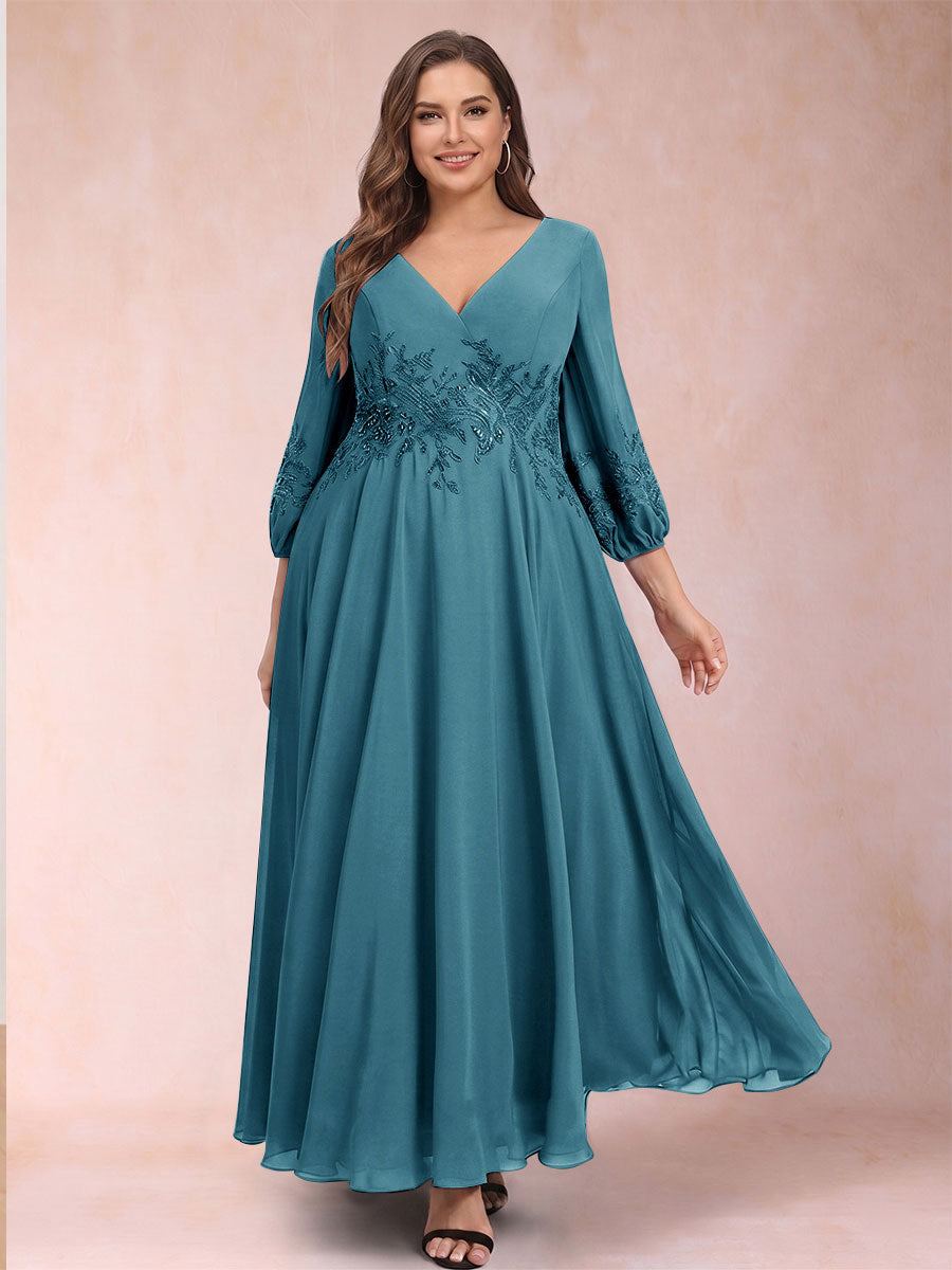 A-Line/Princess Ankle-Length 3/4 Sleeves V-Neck Plus Size Mother of the Bride Dresses