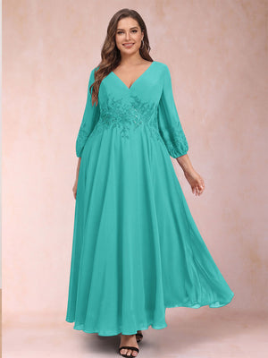 A-Line/Princess Ankle-Length 3/4 Sleeves V-Neck Plus Size Mother of the Bride Dresses