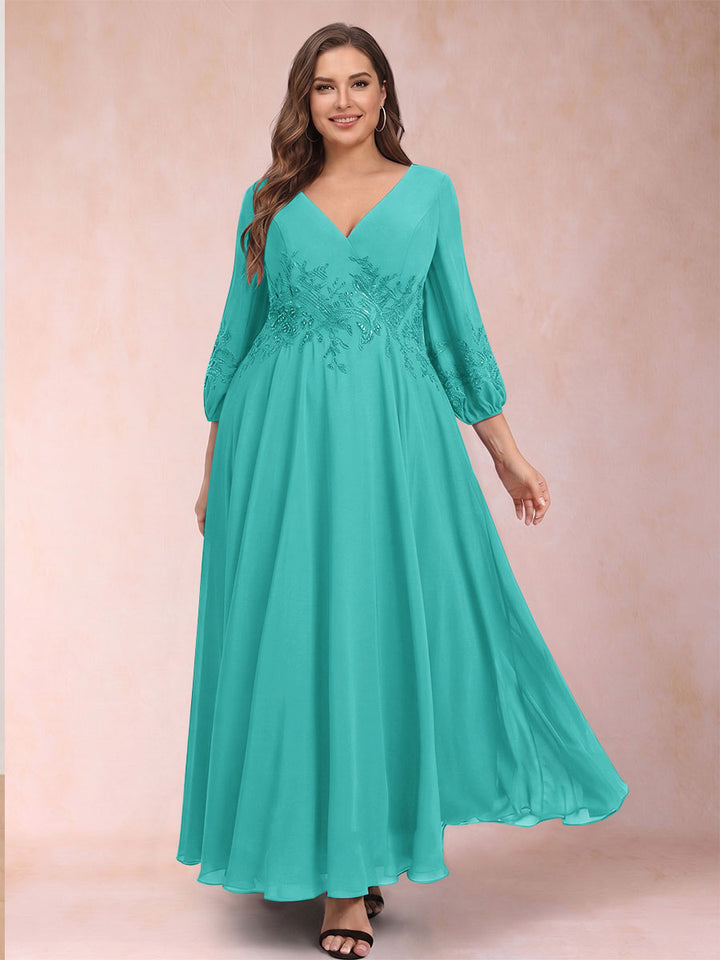 A-Line/Princess Ankle-Length 3/4 Sleeves V-Neck Plus Size Mother of the Bride Dresses