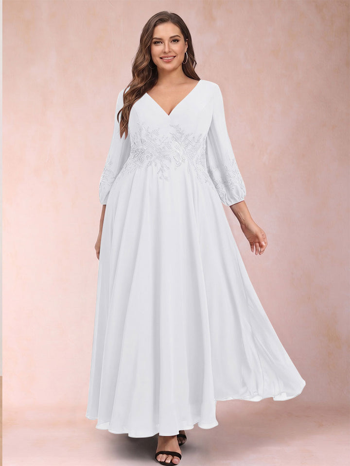 A-Line/Princess Ankle-Length 3/4 Sleeves V-Neck Plus Size Mother of the Bride Dresses