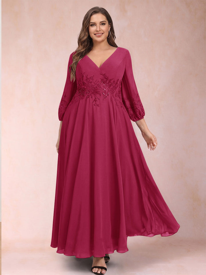 A-Line/Princess Ankle-Length 3/4 Sleeves V-Neck Plus Size Mother of the Bride Dresses