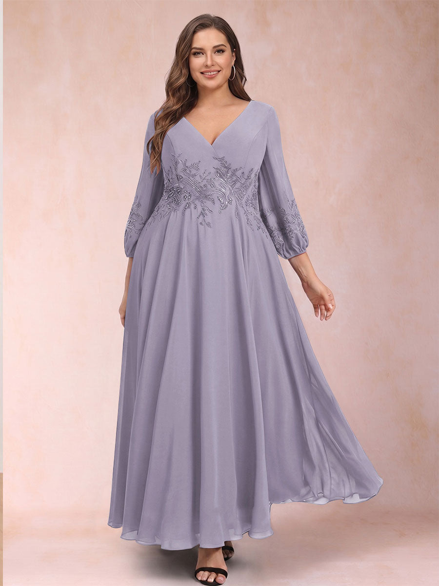 A-Line/Princess Ankle-Length 3/4 Sleeves V-Neck Plus Size Mother of the Bride Dresses