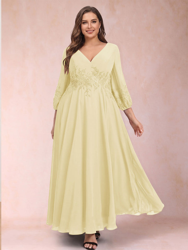 A-Line/Princess Ankle-Length 3/4 Sleeves V-Neck Plus Size Mother of the Bride Dresses