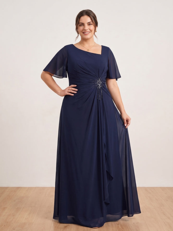 A-Line/Princess Floor-Length Short Sleeves V-Neck Plus Size Mother of the Bride Dresses