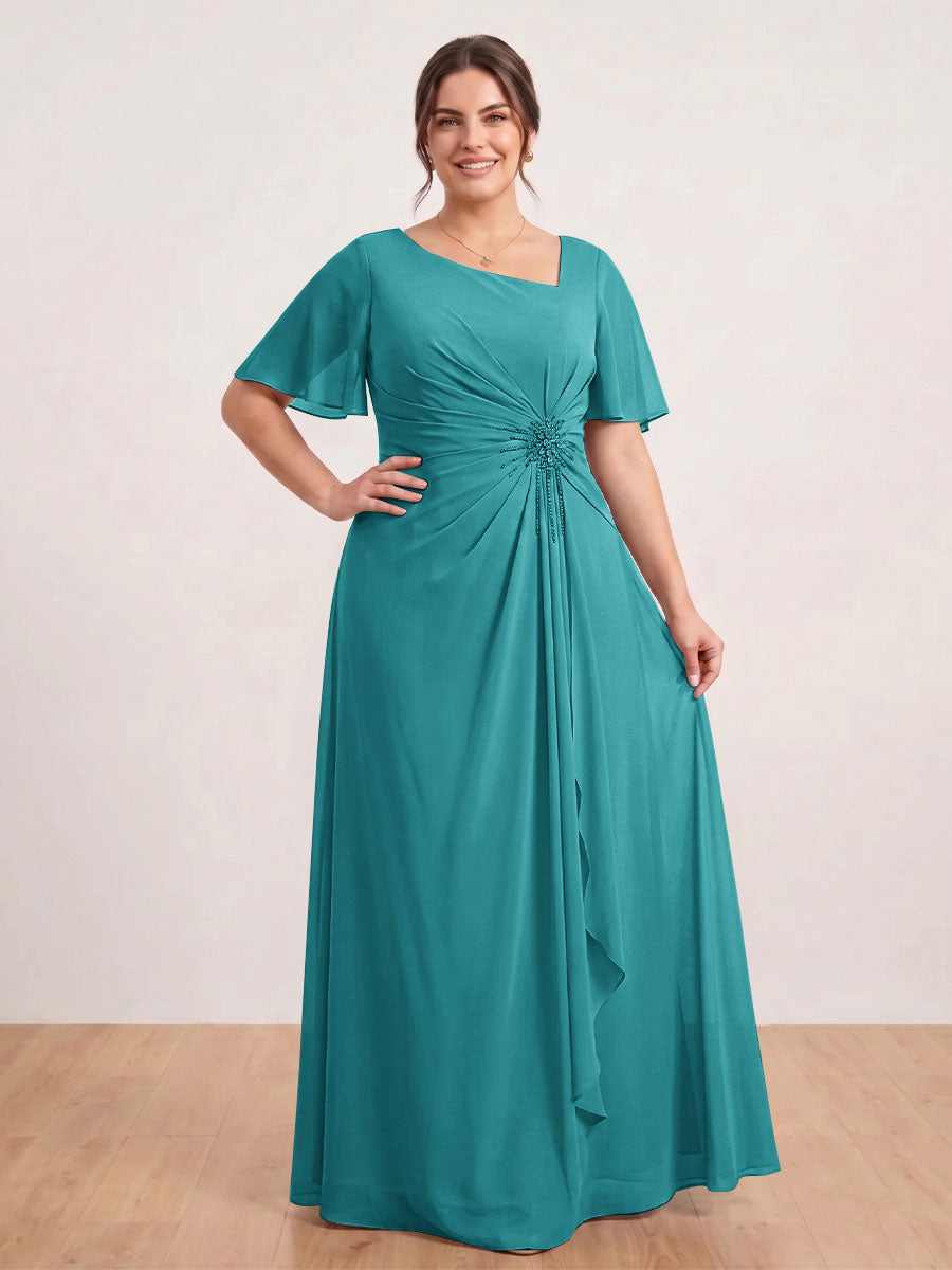 A-Line/Princess Floor-Length Short Sleeves V-Neck Plus Size Mother of the Bride Dresses