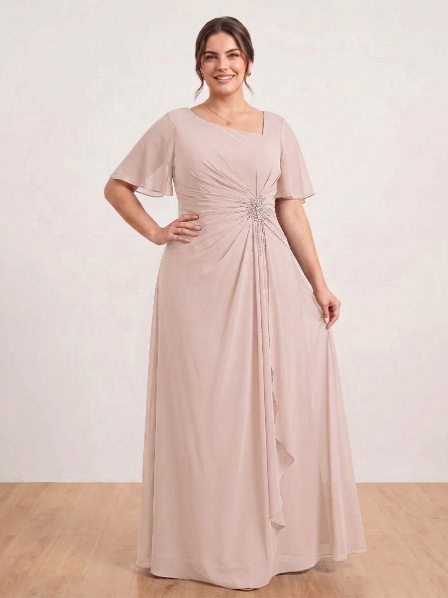 A-Line/Princess Floor-Length Short Sleeves V-Neck Plus Size Mother of the Bride Dresses