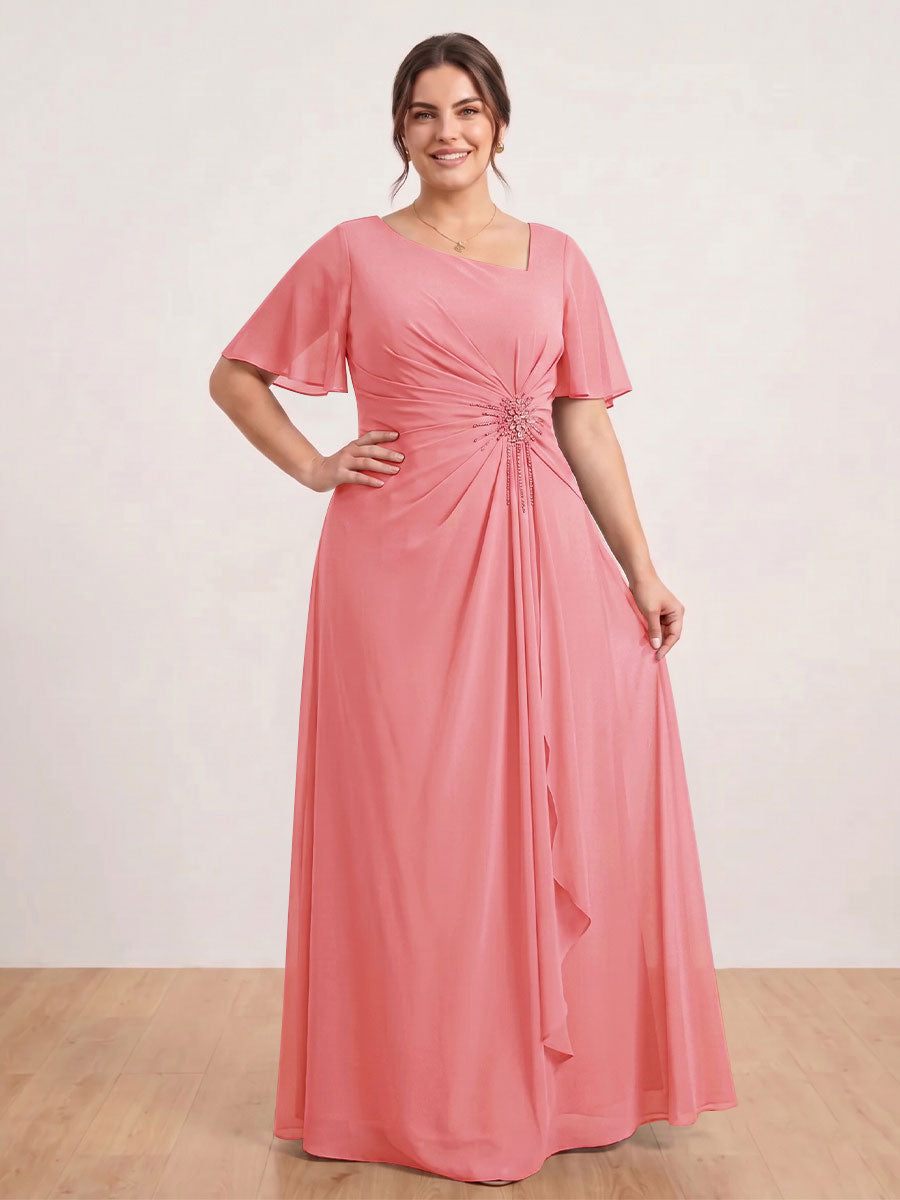 A-Line/Princess Floor-Length Short Sleeves V-Neck Plus Size Mother of the Bride Dresses