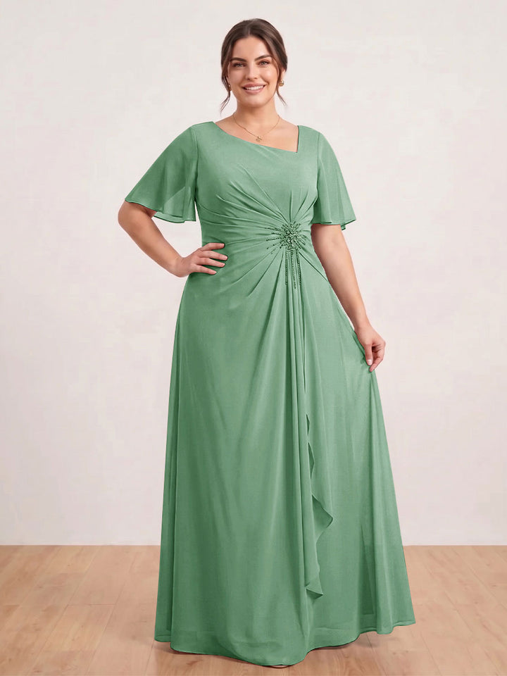 A-Line/Princess Floor-Length Short Sleeves V-Neck Plus Size Mother of the Bride Dresses