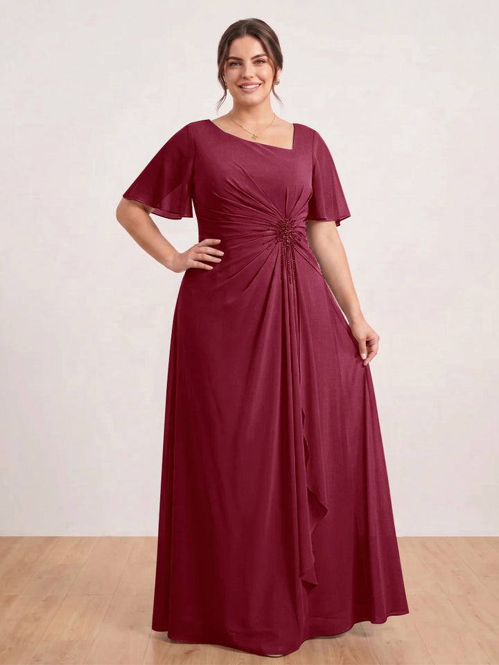 A-Line/Princess Floor-Length Short Sleeves V-Neck Plus Size Mother of the Bride Dresses