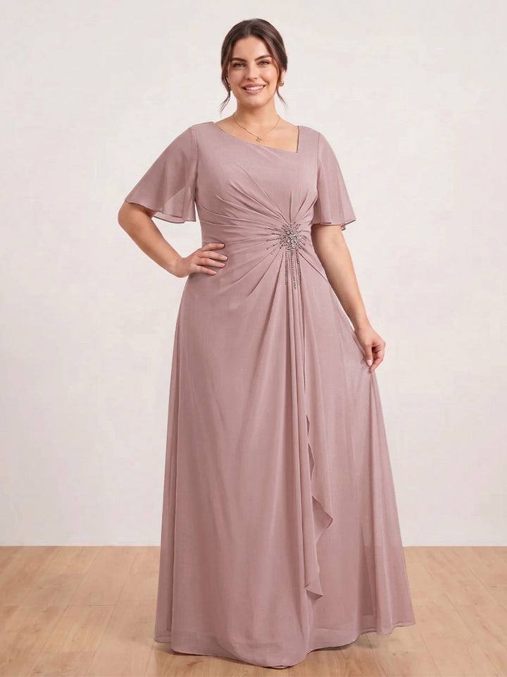 A-Line/Princess Floor-Length Short Sleeves V-Neck Plus Size Mother of the Bride Dresses