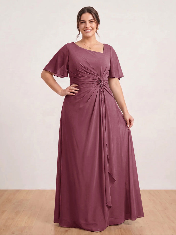 A-Line/Princess Floor-Length Short Sleeves V-Neck Plus Size Mother of the Bride Dresses