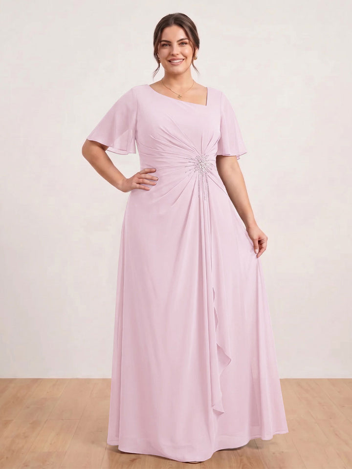 A-Line/Princess Floor-Length Short Sleeves V-Neck Plus Size Mother of the Bride Dresses