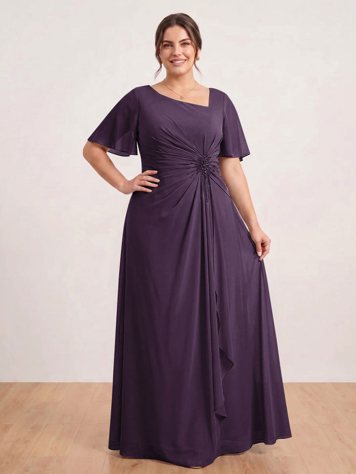 A-Line/Princess Floor-Length Short Sleeves V-Neck Plus Size Mother of the Bride Dresses