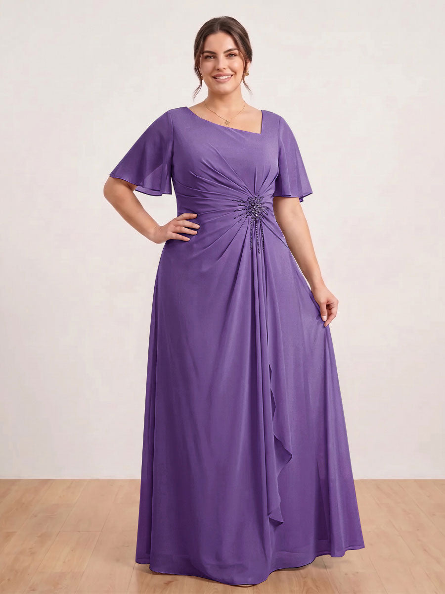 A-Line/Princess Floor-Length Short Sleeves V-Neck Plus Size Mother of the Bride Dresses