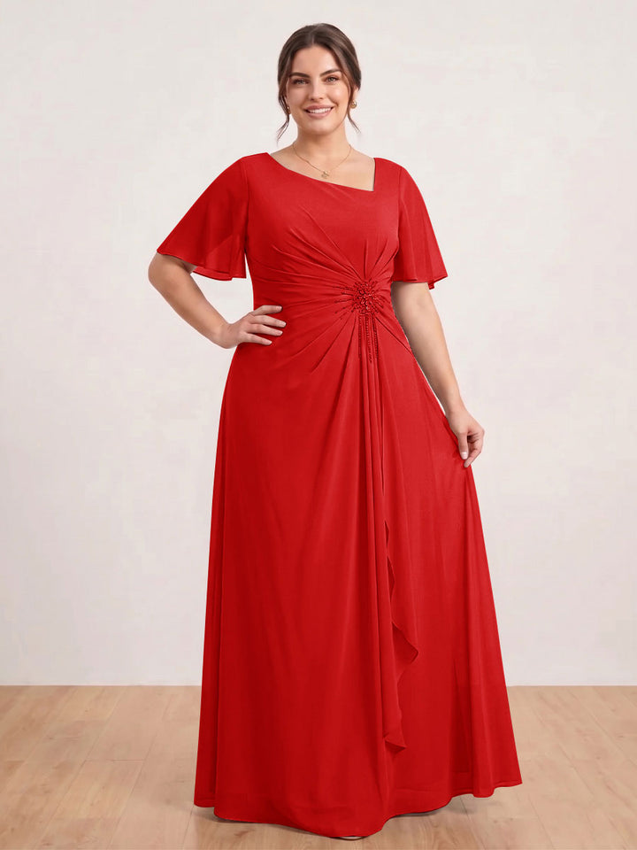 A-Line/Princess Floor-Length Short Sleeves V-Neck Plus Size Mother of the Bride Dresses