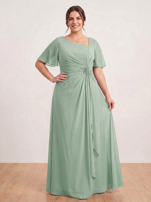 A-Line/Princess Floor-Length Short Sleeves V-Neck Plus Size Mother of the Bride Dresses