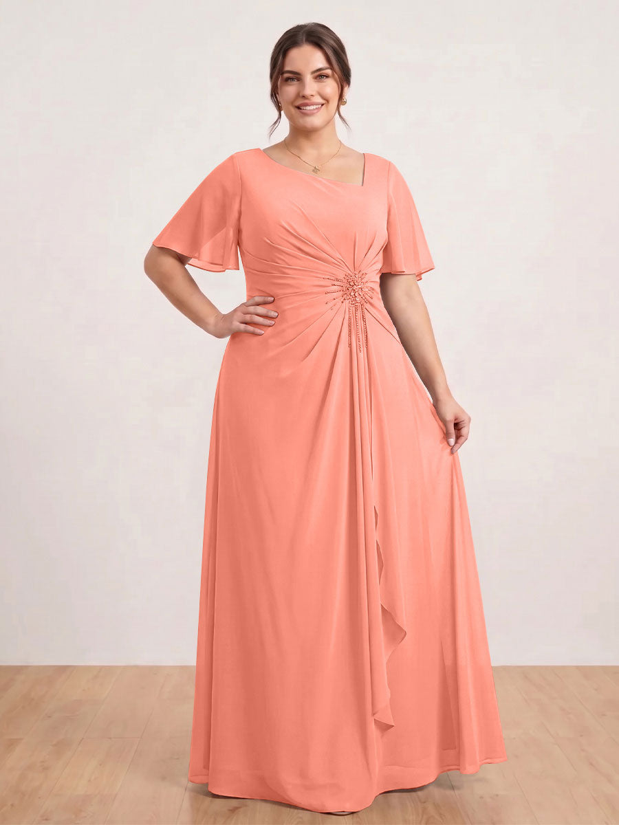 A-Line/Princess Floor-Length Short Sleeves V-Neck Plus Size Mother of the Bride Dresses