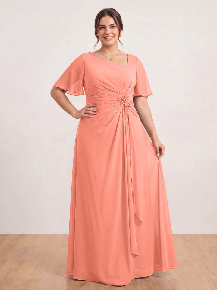 A-Line/Princess Floor-Length Short Sleeves V-Neck Plus Size Mother of the Bride Dresses