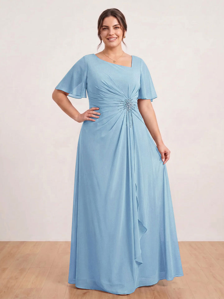 A-Line/Princess Floor-Length Short Sleeves V-Neck Plus Size Mother of the Bride Dresses