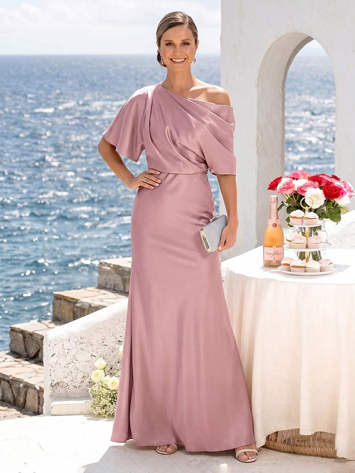 Trumpet/Mermaid One-Shoulder Half Sleeves Bridesmaid Dresses With Ruched