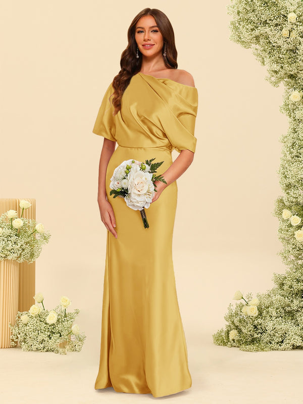 Trumpet/Mermaid One-Shoulder Half Sleeves Bridesmaid Dresses With Ruched