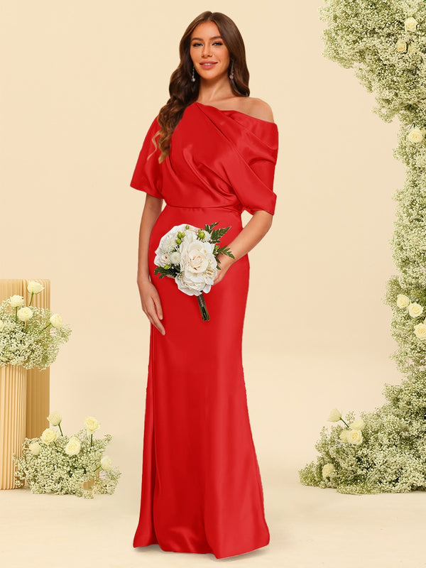 Trumpet/Mermaid One-Shoulder Half Sleeves Bridesmaid Dresses With Ruched