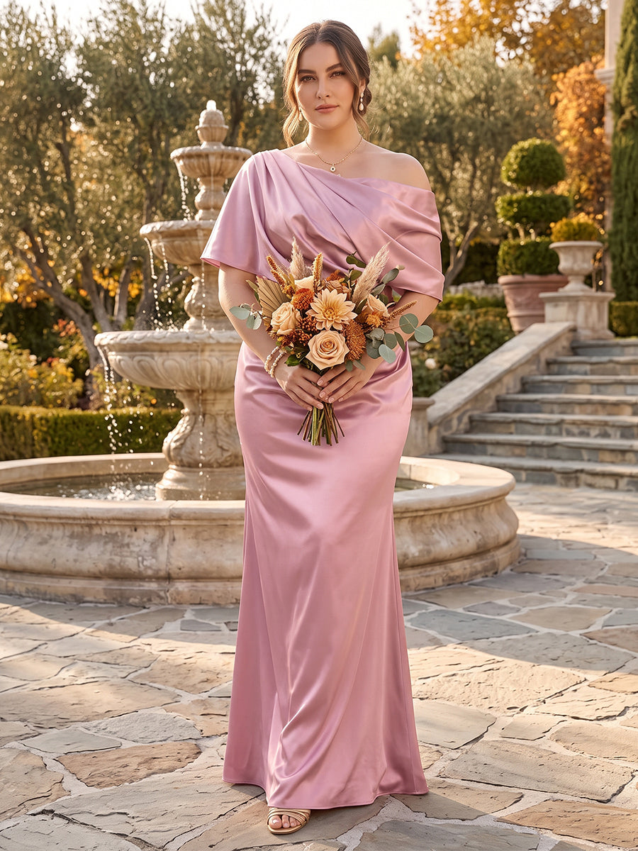Trumpet/Mermaid One-Shoulder Half Sleeves Plus Size Bridesmaid Dresses With Ruched