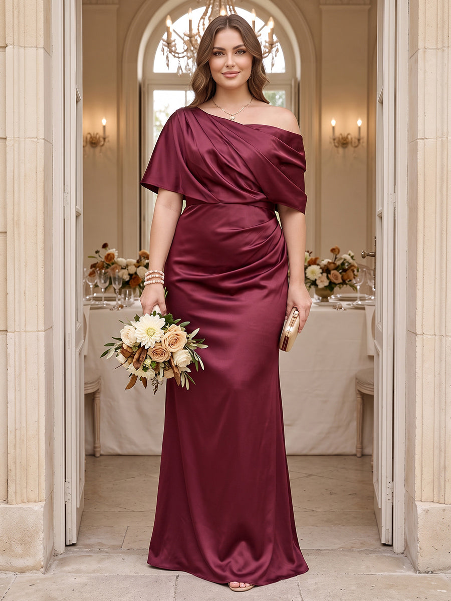 Trumpet/Mermaid One-Shoulder Half Sleeves Ruched Plus Size Bridesmaid Dresses