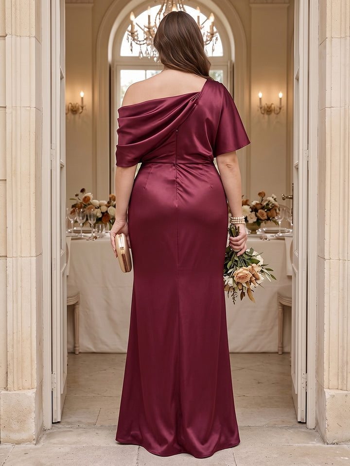 Trumpet/Mermaid One-Shoulder Half Sleeves Ruched Plus Size Bridesmaid Dresses
