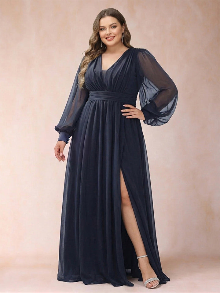 A-Line/Princess V-Neck Floor-Length Chiffon Plus Size Mother of the Bride Dresses With Split Side