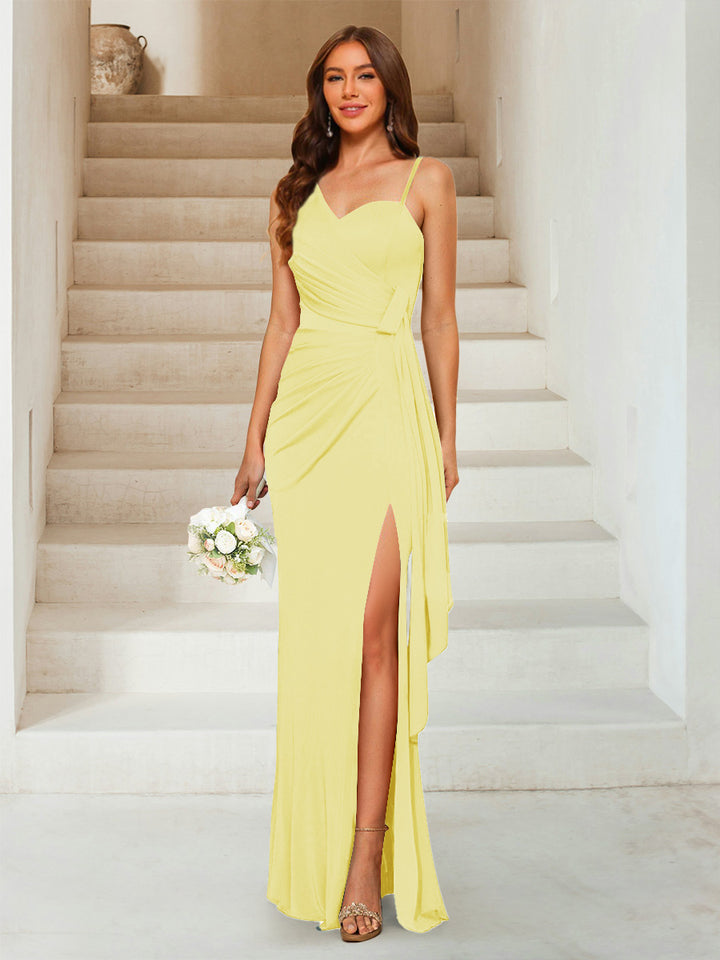 Sheath/Column Sweetheart Sleeveless Floor-Length Formal Dresses with Split Side &amp; Ruched