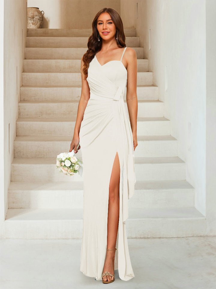 Sheath/Column Sweetheart Sleeveless Floor-Length Formal Dresses with Split Side &amp; Ruched