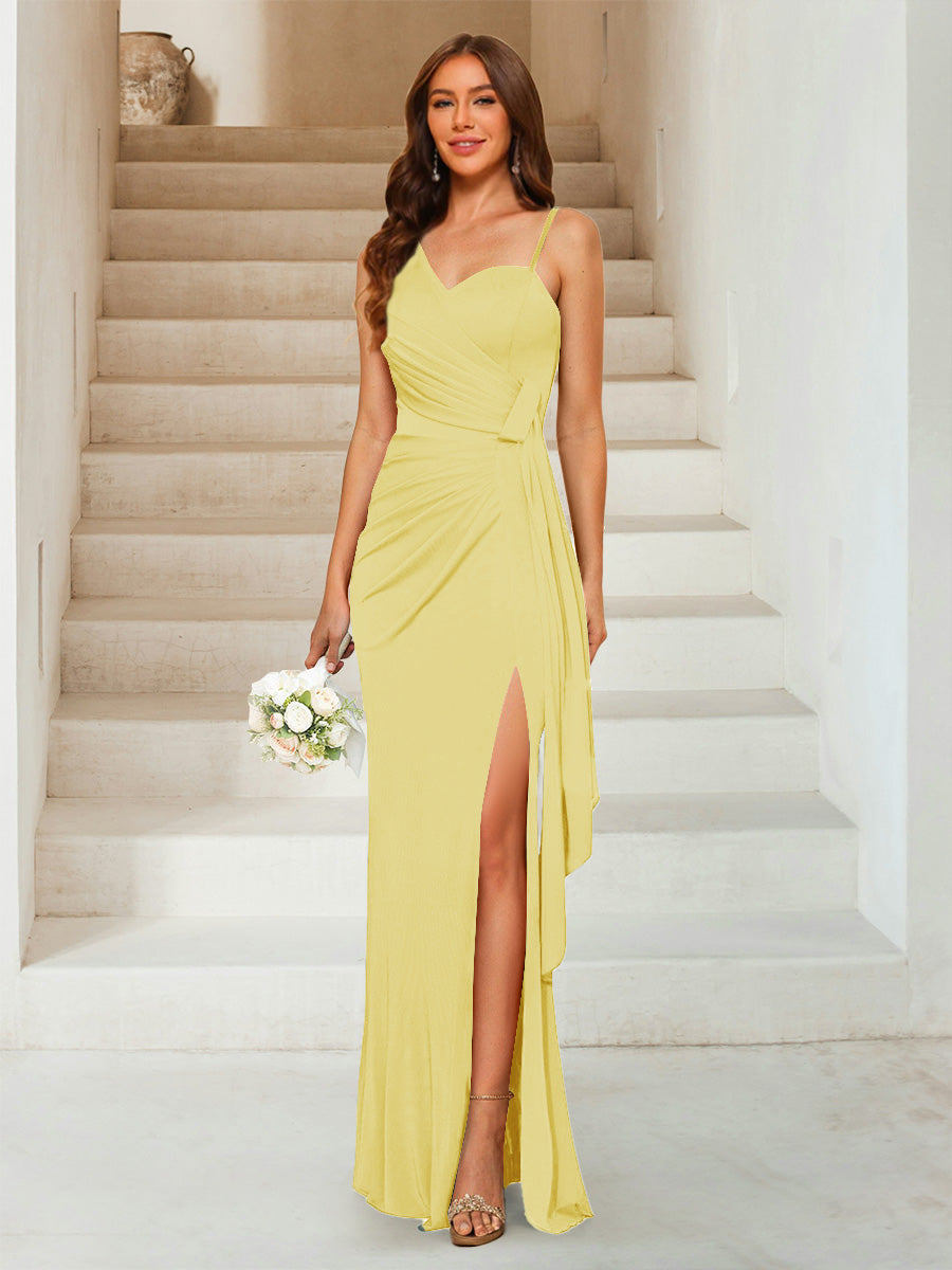 Sheath/Column Sweetheart Sleeveless Floor-Length Formal Dresses with Split Side &amp; Ruched