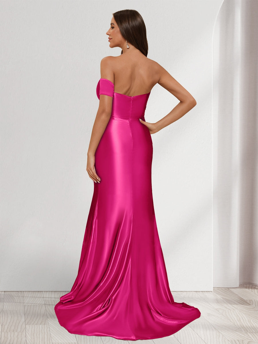 Sheath/Column One-Shoulder Sleeveless Sweep Train Evening Dresses with Split Side &amp; Ruffles