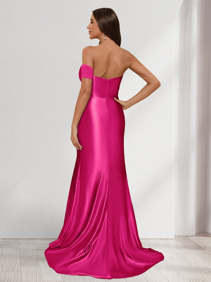 Sheath/Column One-Shoulder Sleeveless Sweep Train Evening Dresses with Split Side &amp; Ruffles