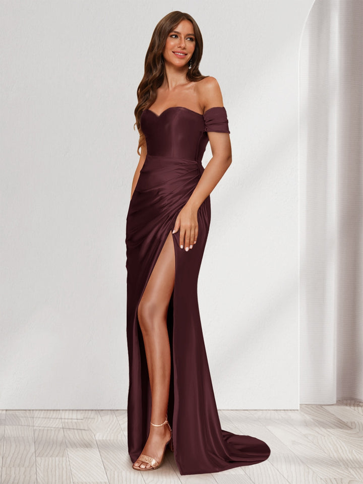 Sheath/Column One-Shoulder Sleeveless Sweep Train Evening Dresses with Split Side &amp; Ruffles