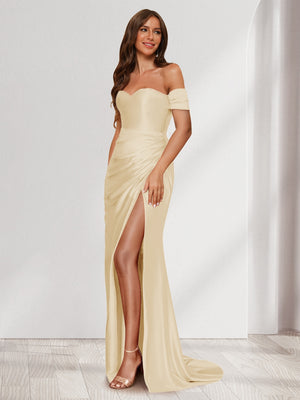 Sheath/Column One-Shoulder Sleeveless Sweep Train Evening Dresses with Split Side & Ruffles