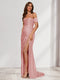 Sheath/Column One-Shoulder Sleeveless Sweep Train Evening Dresses with Split Side & Ruffles