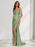 Sheath/Column One-Shoulder Sleeveless Sweep Train Evening Dresses with Split Side & Ruffles