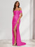 Sheath/Column One-Shoulder Sleeveless Sweep Train Evening Dresses with Split Side & Ruffles