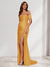 Sheath/Column One-Shoulder Sleeveless Sweep Train Evening Dresses with Split Side & Ruffles