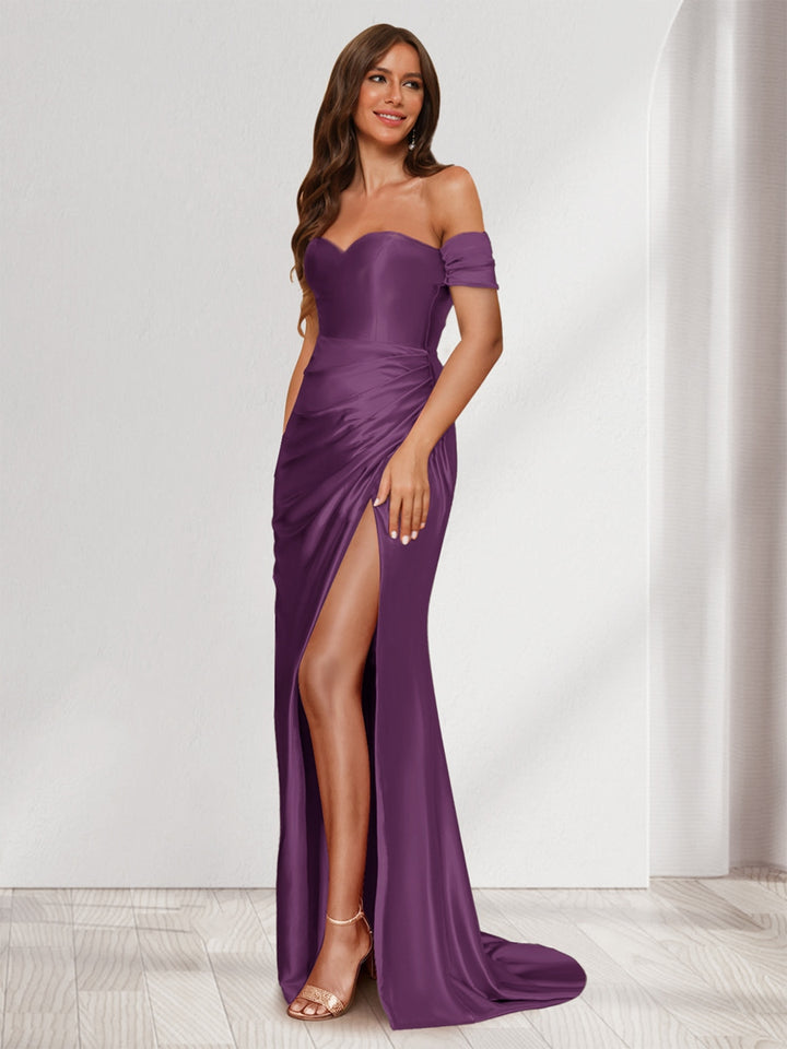 Sheath/Column One-Shoulder Sleeveless Sweep Train Evening Dresses with Split Side &amp; Ruffles