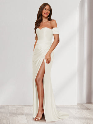 Sheath/Column One-Shoulder Sleeveless Sweep Train Evening Dresses with Split Side & Ruffles