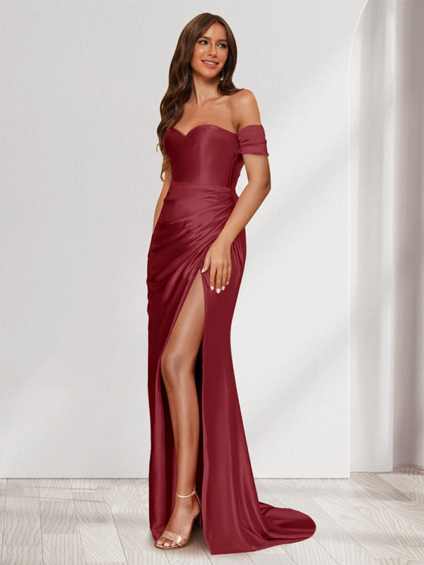 Sheath/Column One-Shoulder Sleeveless Sweep Train Evening Dresses with Split Side & Ruffles