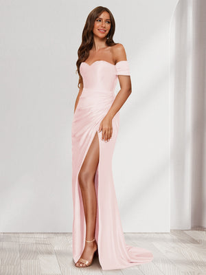 Sheath/Column One-Shoulder Sleeveless Sweep Train Evening Dresses with Split Side & Ruffles