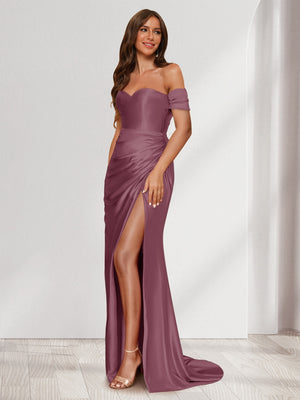 Sheath/Column One-Shoulder Sleeveless Sweep Train Evening Dresses with Split Side & Ruffles