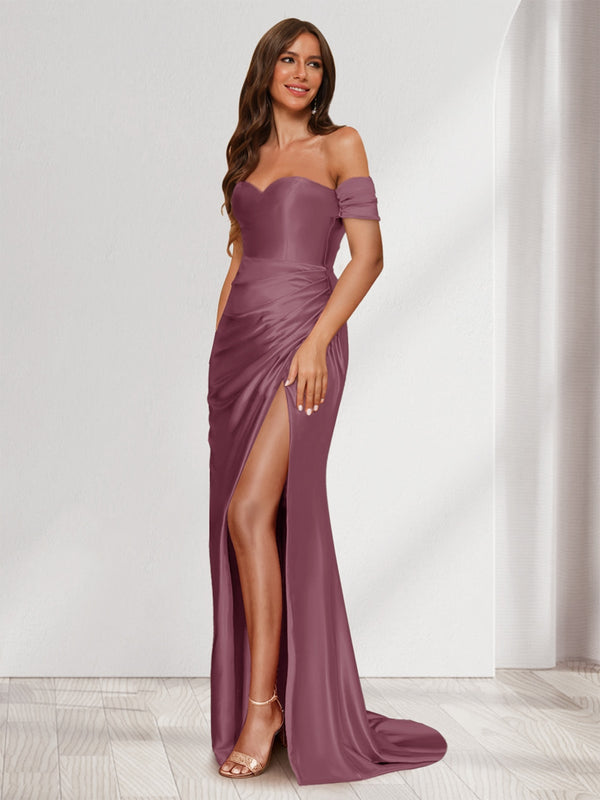 Sheath/Column One-Shoulder Sleeveless Sweep Train Evening Dresses with Split Side & Ruffles