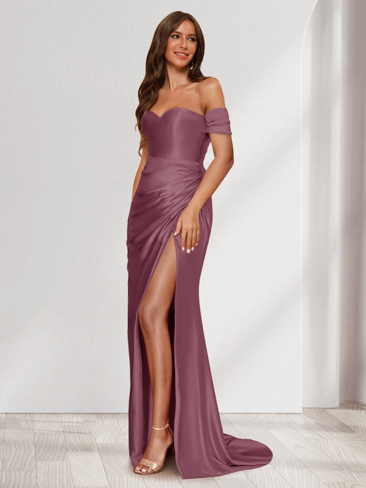 Sheath/Column One-Shoulder Sleeveless Sweep Train Evening Dresses with Split Side &amp; Ruffles