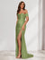 Sheath/Column One-Shoulder Sleeveless Sweep Train Evening Dresses with Split Side & Ruffles